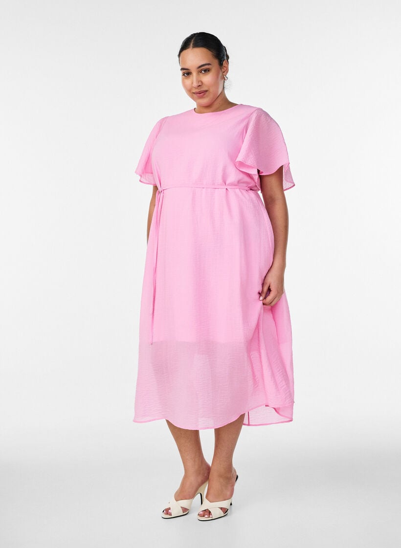 Ankle-length dress with flutter sleeves and tie-waist, Pink, Model image number 0