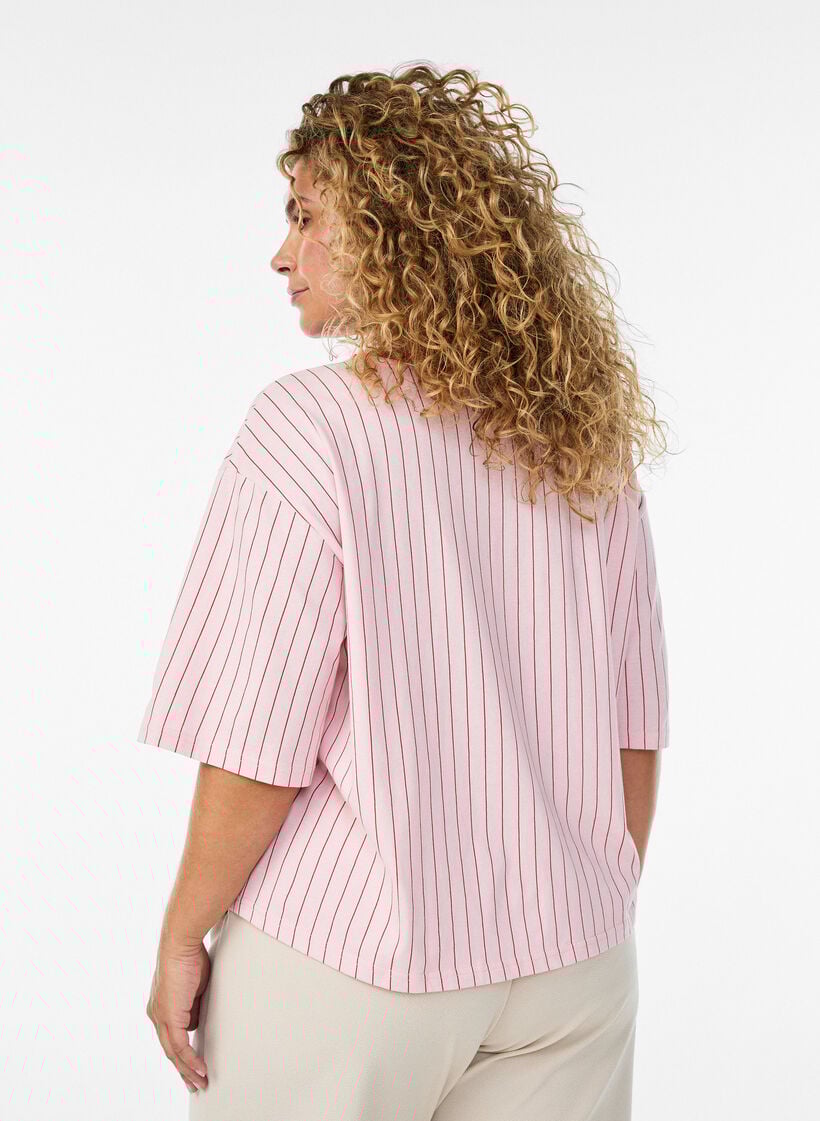 Boxy T-shirt with stripes and statement print, Rose, Model image number 2