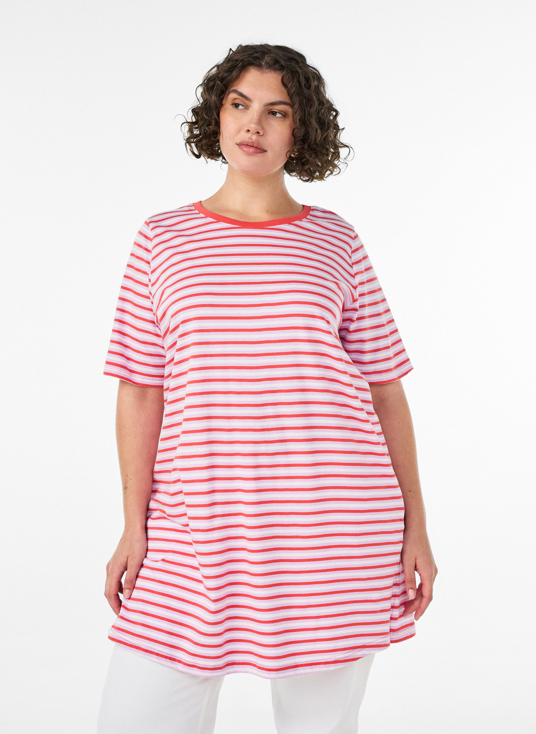 ZizzifashionLong oversized striped T-shirt in organic cotton, Purple, Model image number 0
