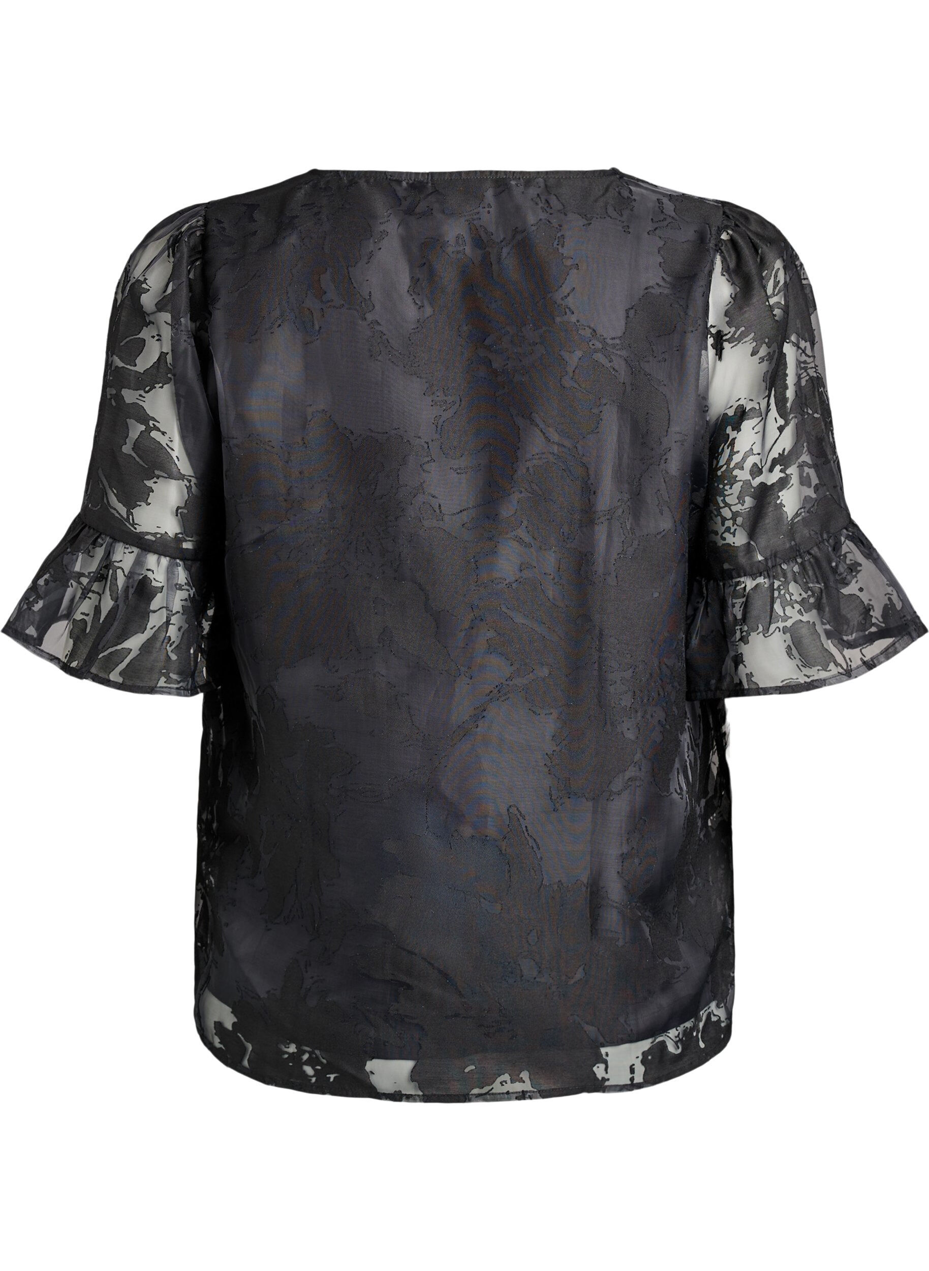 Zizzifashion Organza-look party blouse with a tone-on-tone pattern, Black, Packshot image number 1
