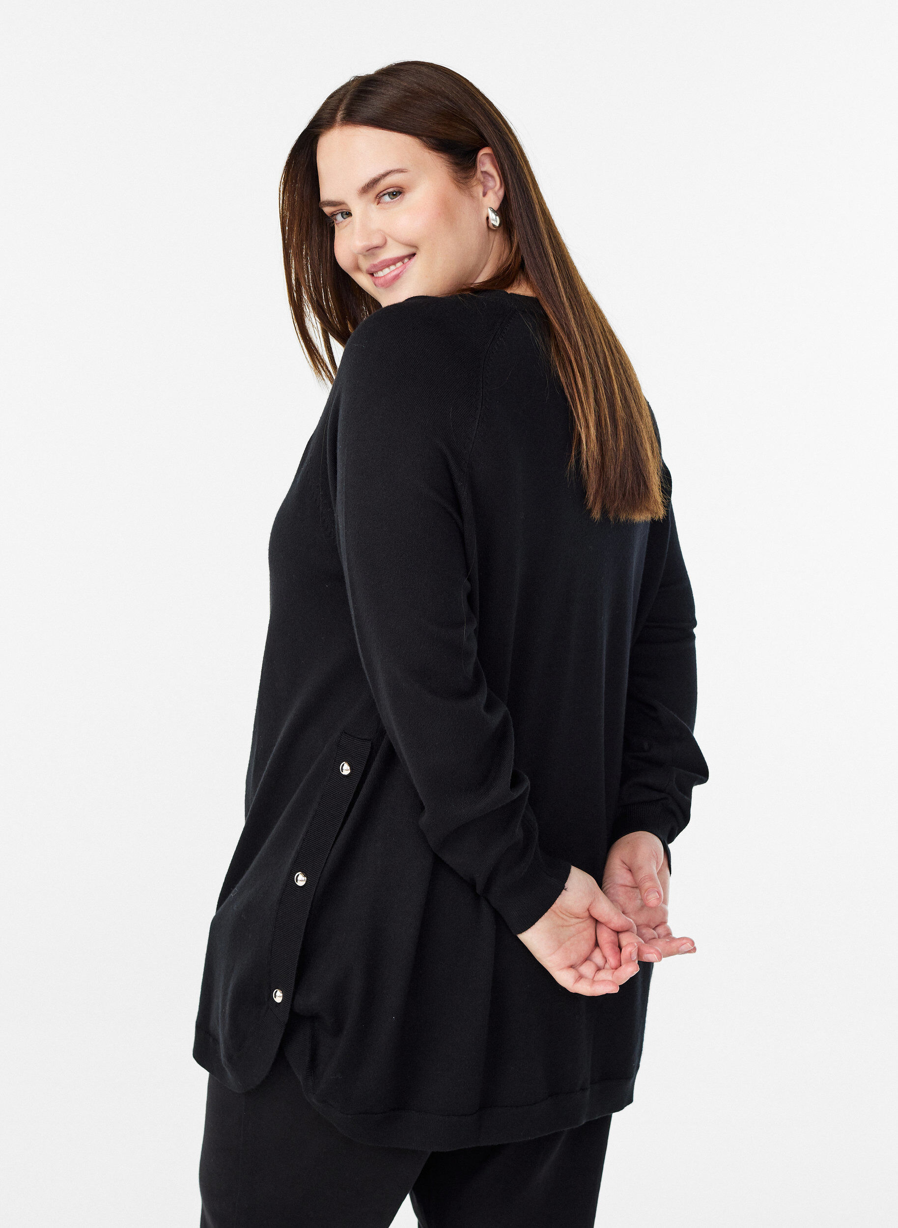 Zizzifashion Knitted blouse with side buttons, Black, Model image number 2