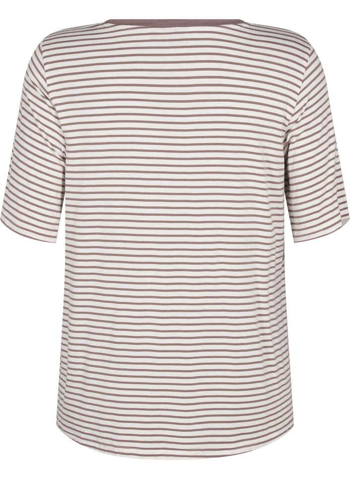 Striped T-shirt in lyocell with round neck, Brown, Packshot image number 1