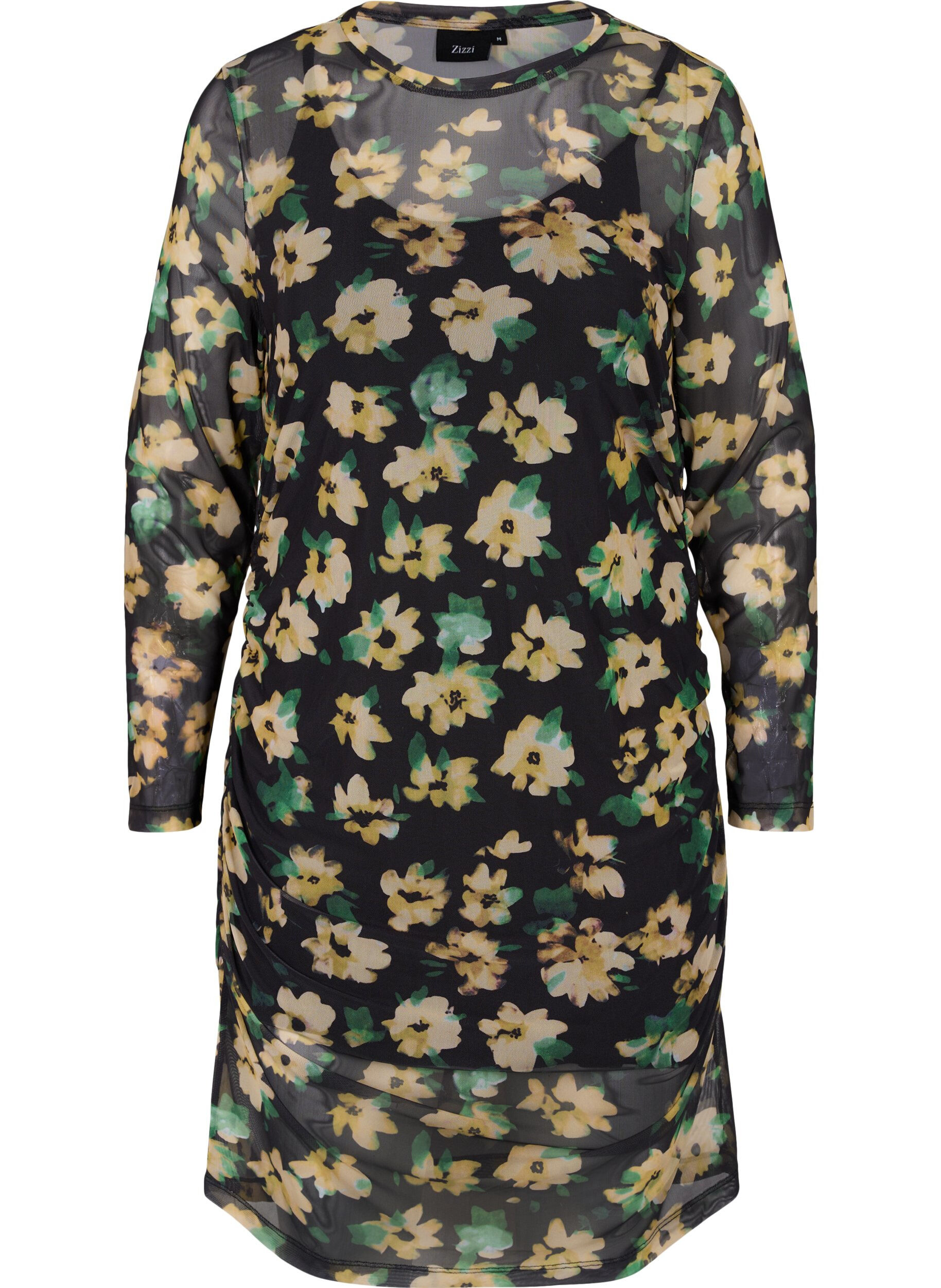 Zizzifashion Close-fitting mesh dress with 3/4 sleeves, Yellow Green AOP, Packshot image number 0