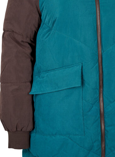 Long colorblock winter jacket with hood, Deep Teal Comb, Packshot image number 3