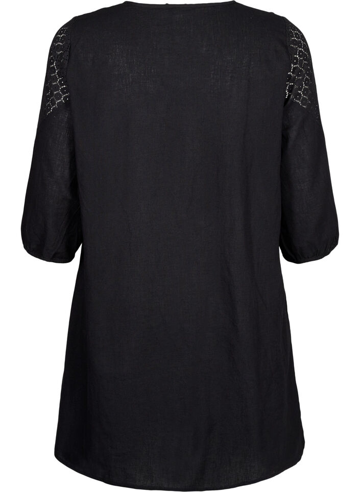 Dress in a cotton blend with linen and crochet detail, Black, Packshot image number 1