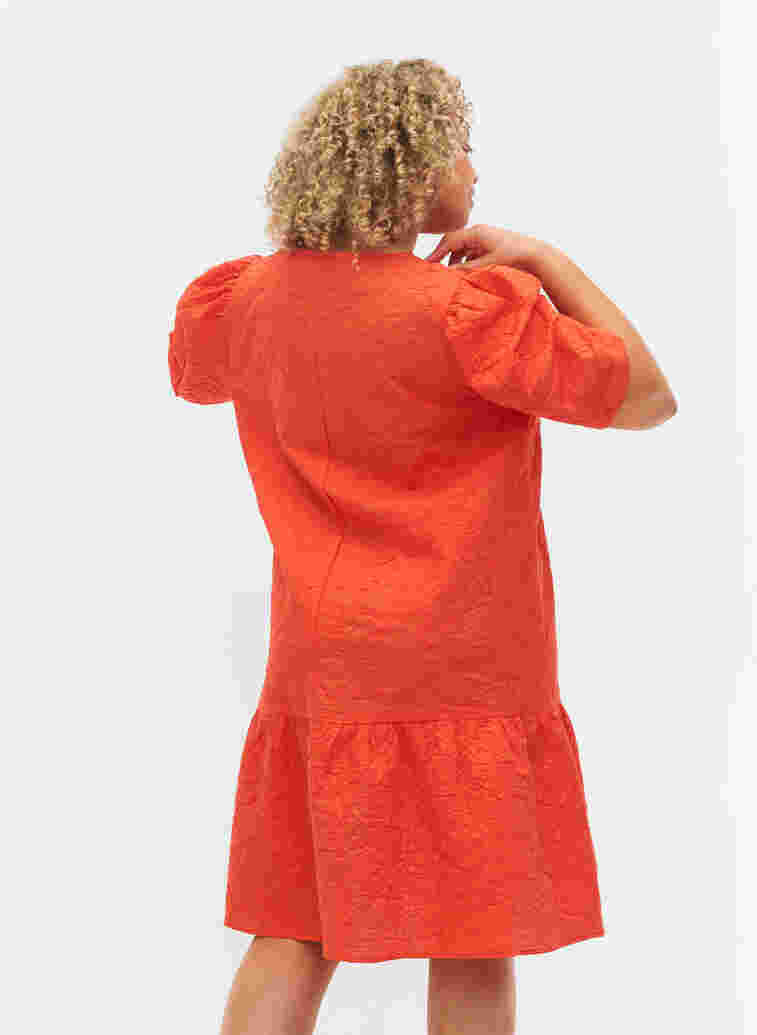 Textured dress with short puff sleeves, Mandarin Red, Model image number 1