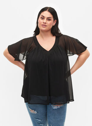  Plain top with batwing sleeves and V-neck, Black, Model image number 0