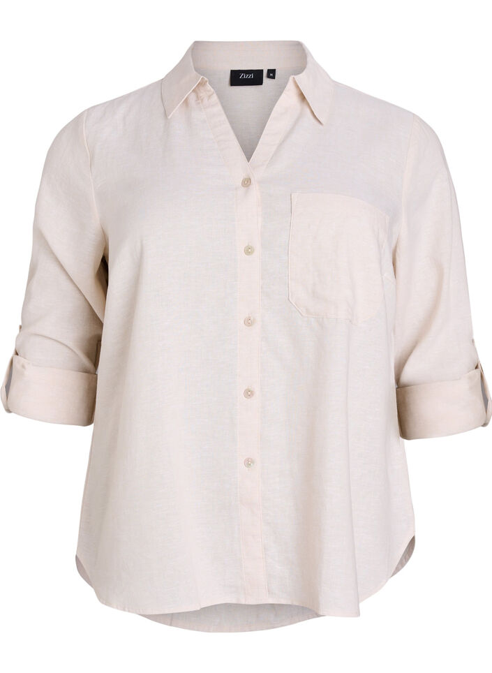 Shirt in linen and viscose with 3/4 sleeves, Beige, Packshot image number 0