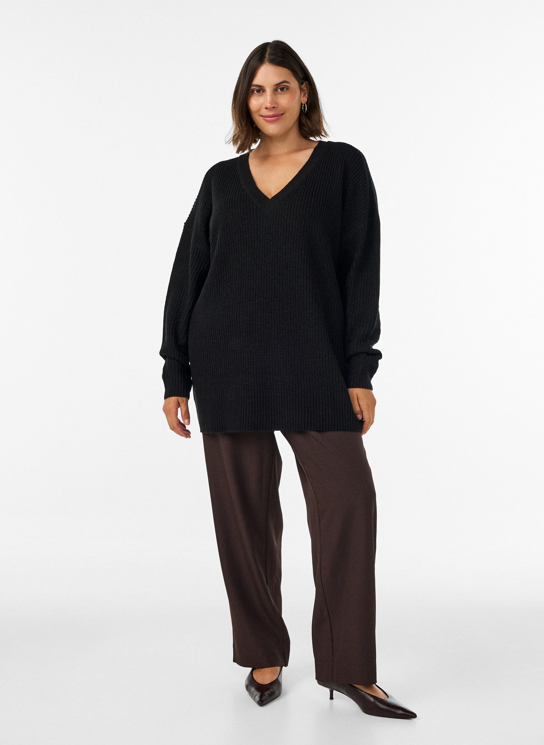 ZizzifashionLong rib-knit blouse with a V-neck, Black, Model image number 1