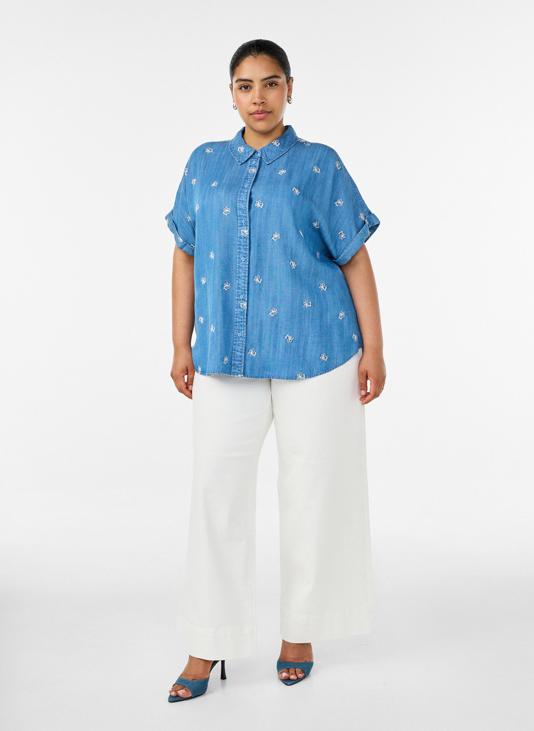 ZizzifashionDenim-look lyocell shirt with floral embroidery, Light Blue, Model image number 1
