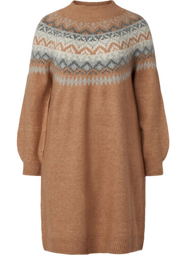Patterned knitted dress with long sleeves, Chipmunk Mel. Comb, Packshot image number 0