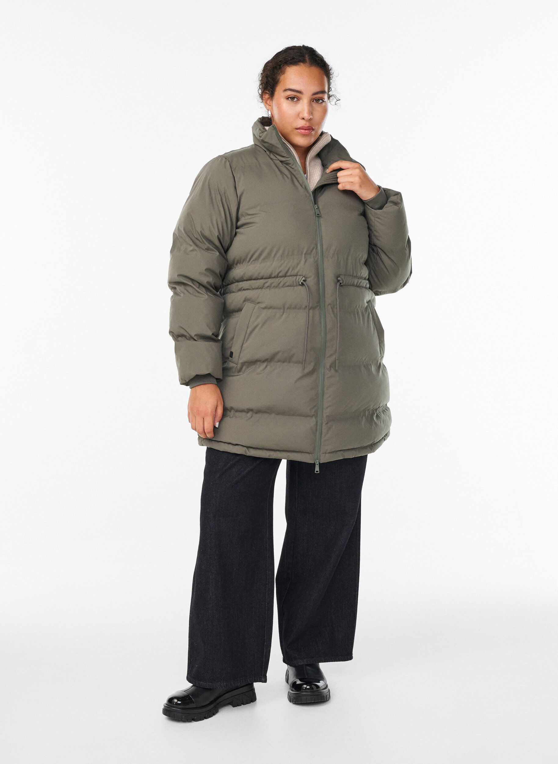 Zizzifashion Mid-length puffer jacket with adjustable waist, Dark Grey, Model image number 1
