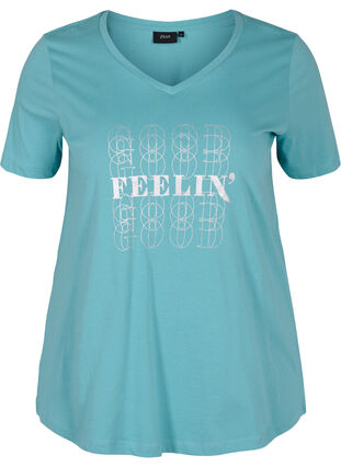Cotton t-shirt with a v-neck, Aqua Sea Good F., Packshot image number 0
