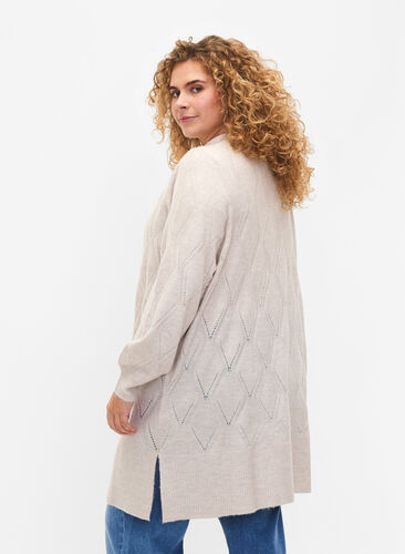 Long knitted cardigan with hole pattern, Birch Mel., Model image number 1