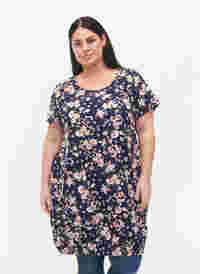 Short-sleeved, printed cotton dress, Blue Rose Flower, Model
