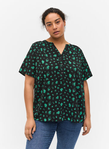 Printed blouse with short sleeves, Green Flower AOP, Model image number 0