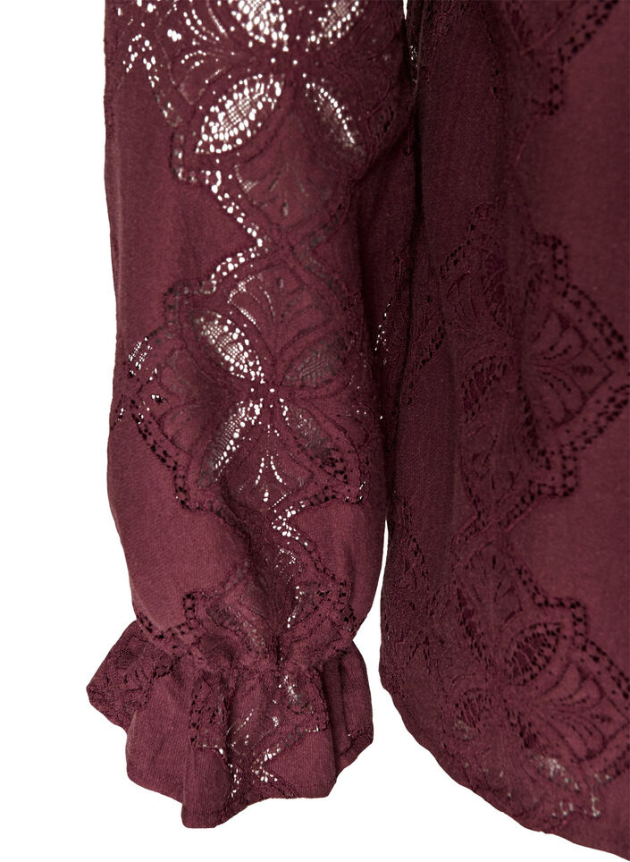 Long-sleeved blouse with lace pattern, Dark Bordeaux, Packshot image number 3
