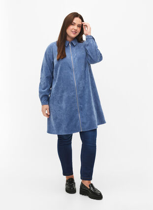 Velvet dress with zipper and 3/4 sleeves, Moonlight Blue, Model image number 2