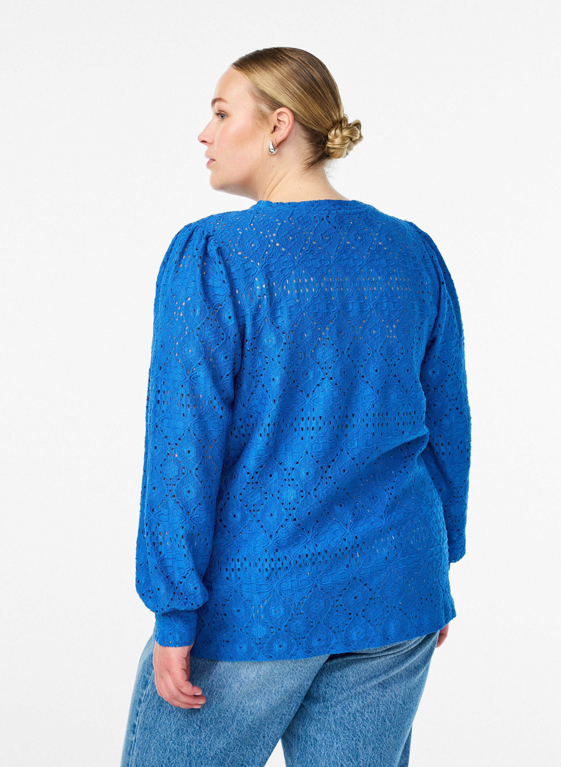 Zizzifashion Long-sleeved blouse with eyelet embroidery, Blue, Model image number 2