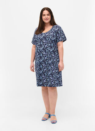 Short-sleeved cotton dress with floral print, NIGHT SKY FLOWER AOP, Model image number 2