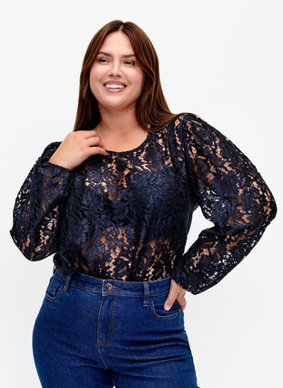 FLASH - Long sleeve lace blouse, Sky Captain, Model image number 0