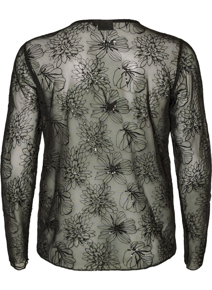 Mesh blouse with flowers and sequins, Black, Packshot image number 1