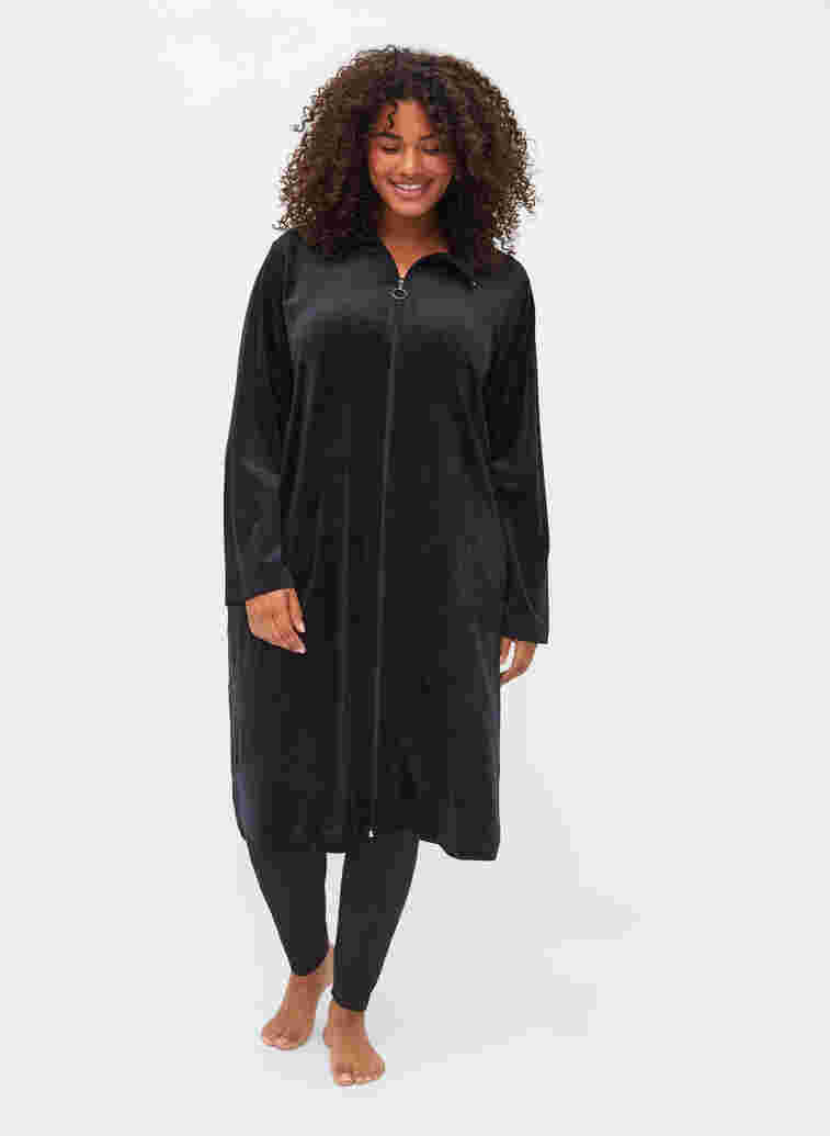 Velour robe with zip and pockets, Black, Model image number 2