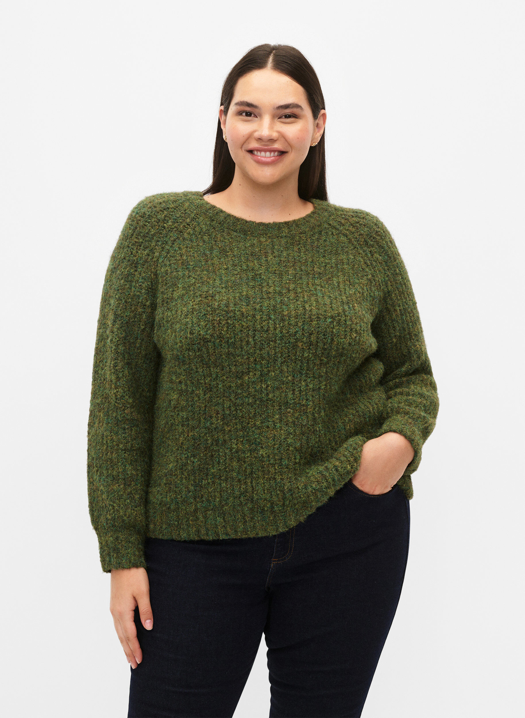 Zizzifashion Knitted sweater with wool and raglan sleeves, Winter Moss, Model image number 0