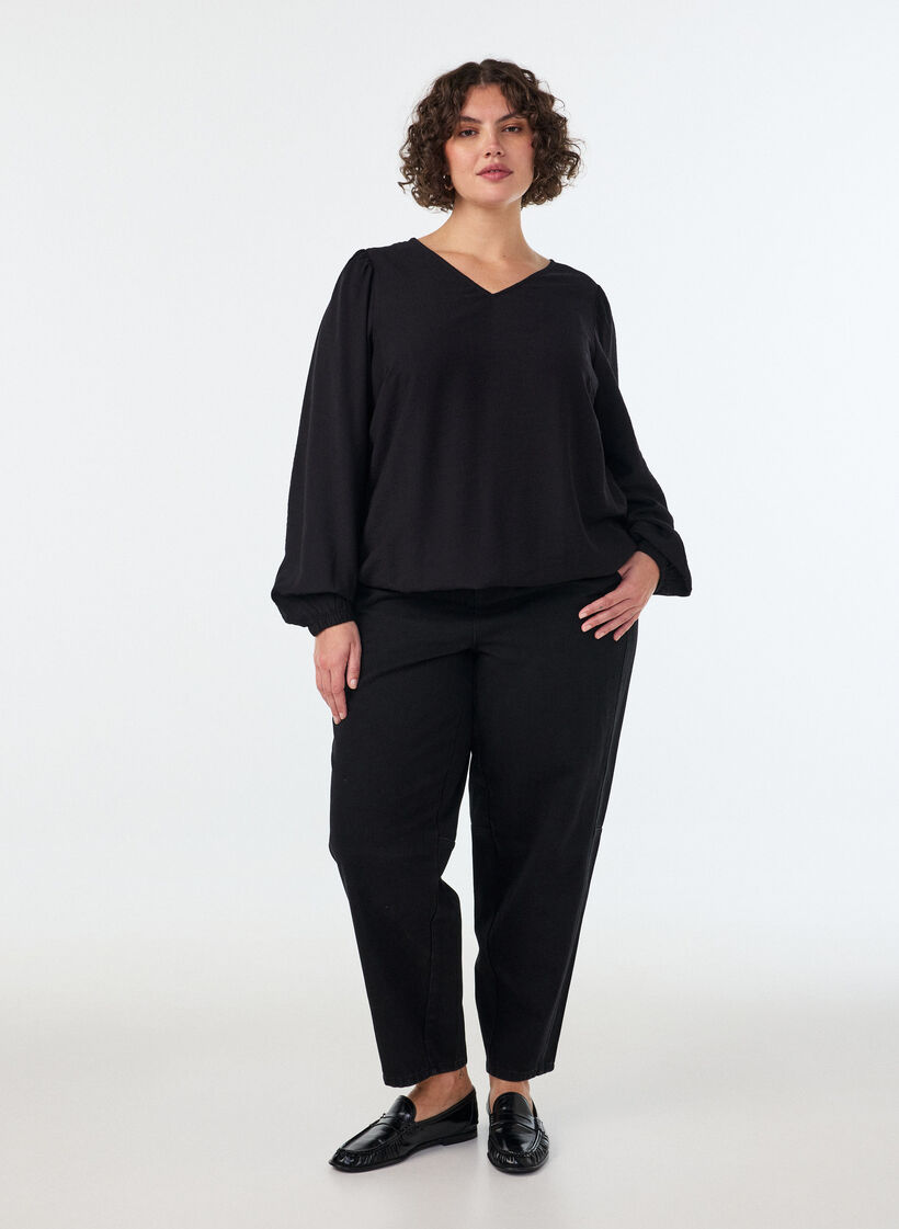 Viscose blouse with V-neck and balloon silhouette, Black, Model image number 1