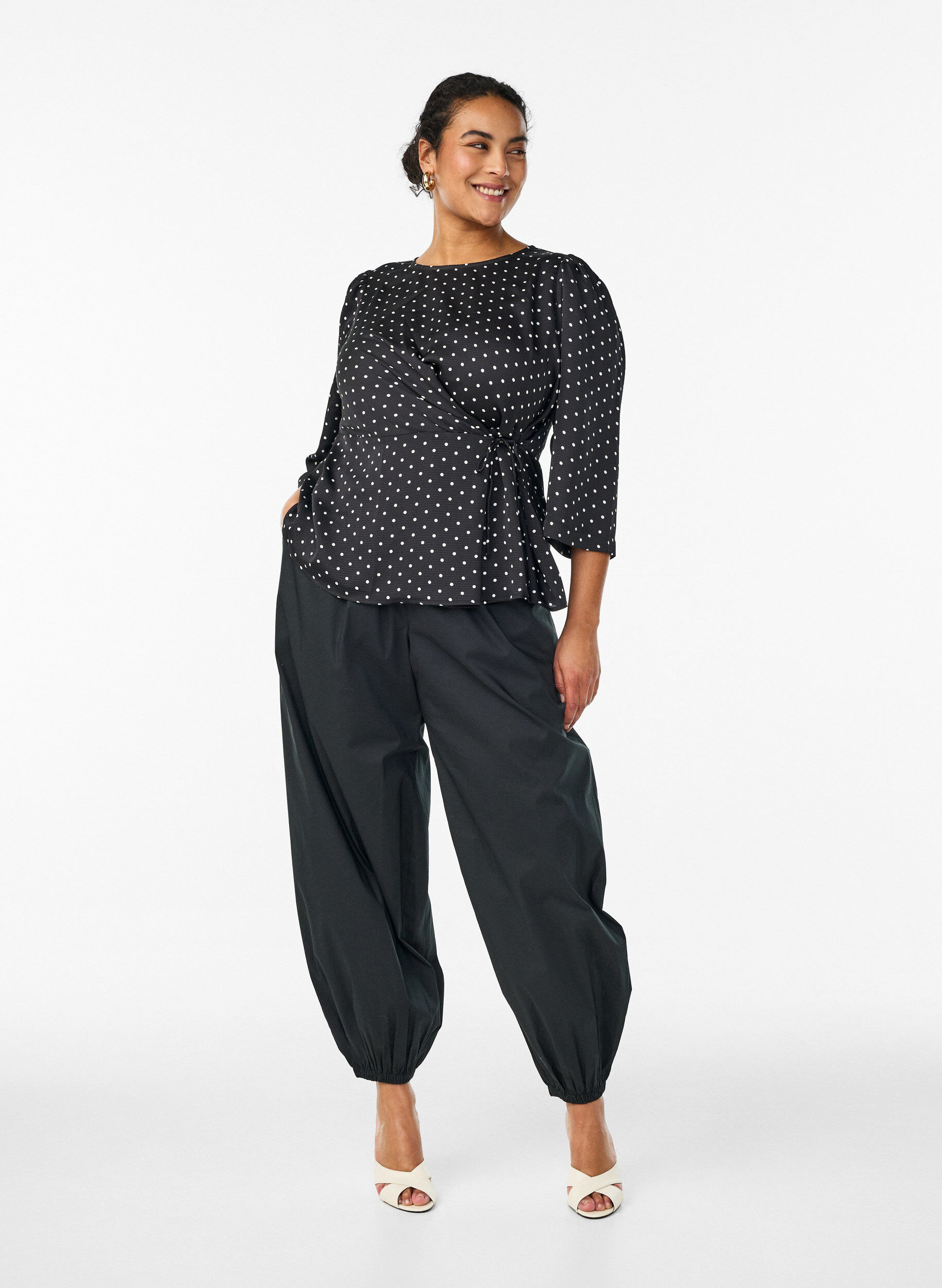 ZizzifashionPolka dot blouse with tie-fastening and 3/4-sleeves, Black, Model image number 1