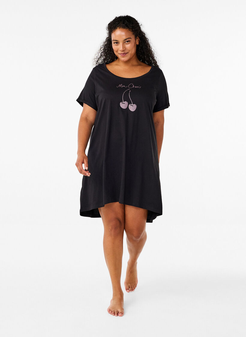 Short-sleeved nightgown in organic cotton, Black, Model image number 1