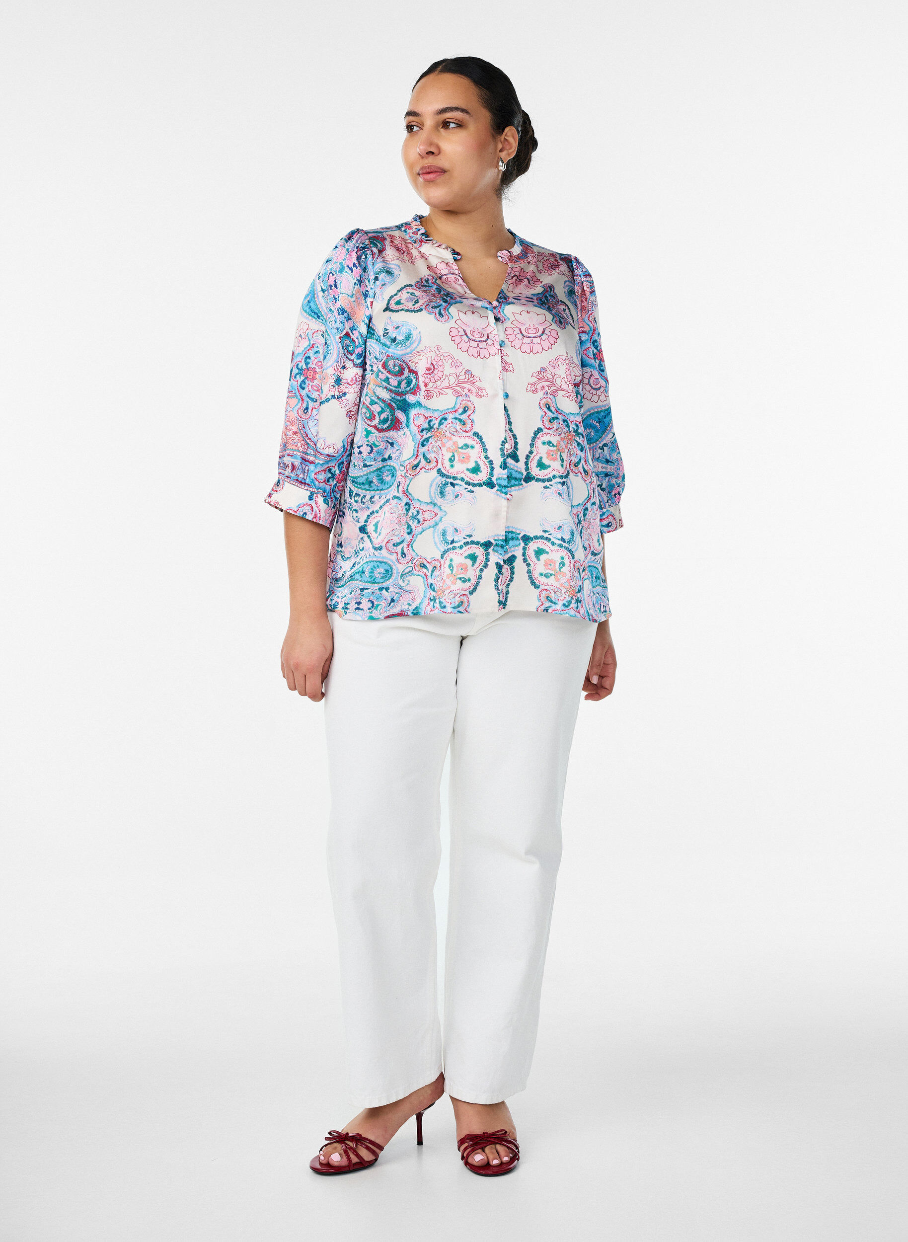 ZizzifashionSatin-look blouse with a paisley print and 3/4 sleeves, Blue, Model image number 1