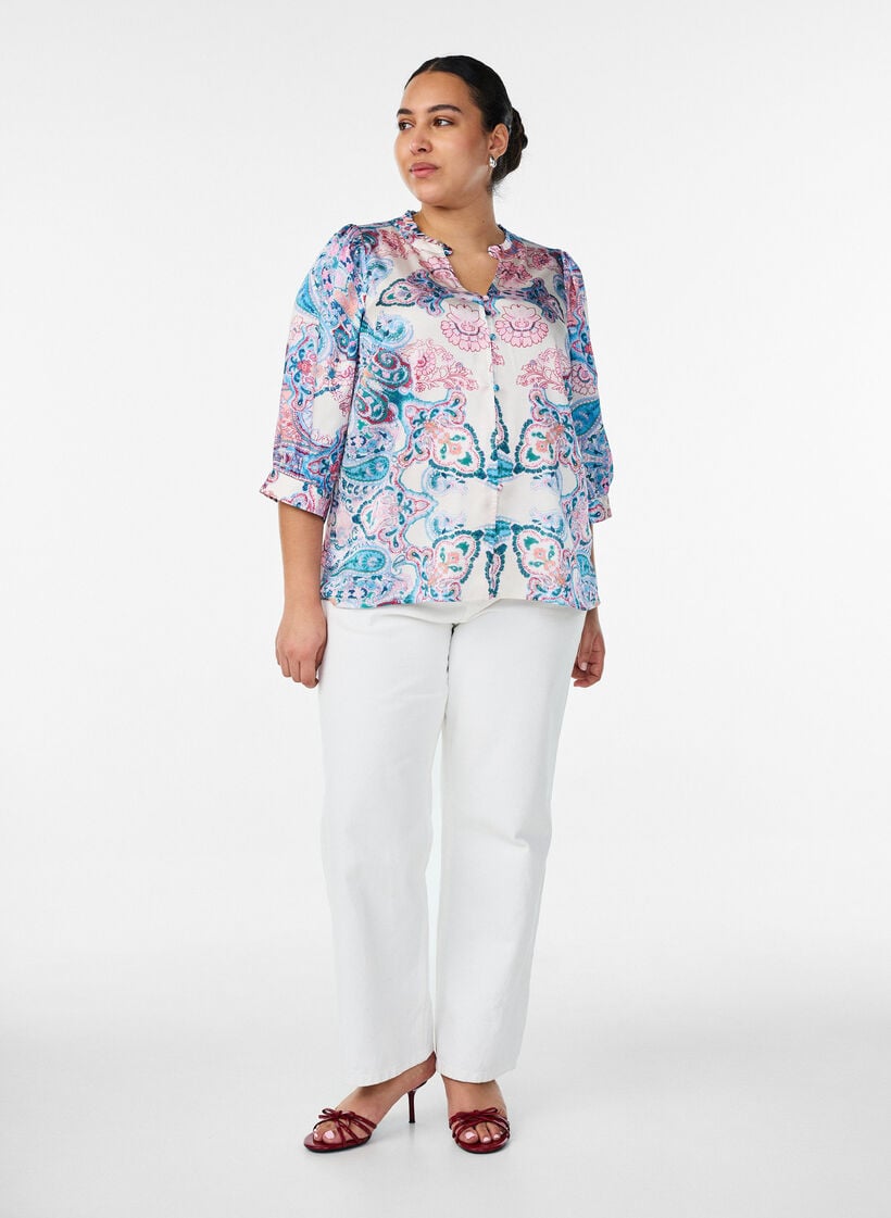 Satin-look blouse with a paisley print and 3/4 sleeves, Blue, Model image number 1