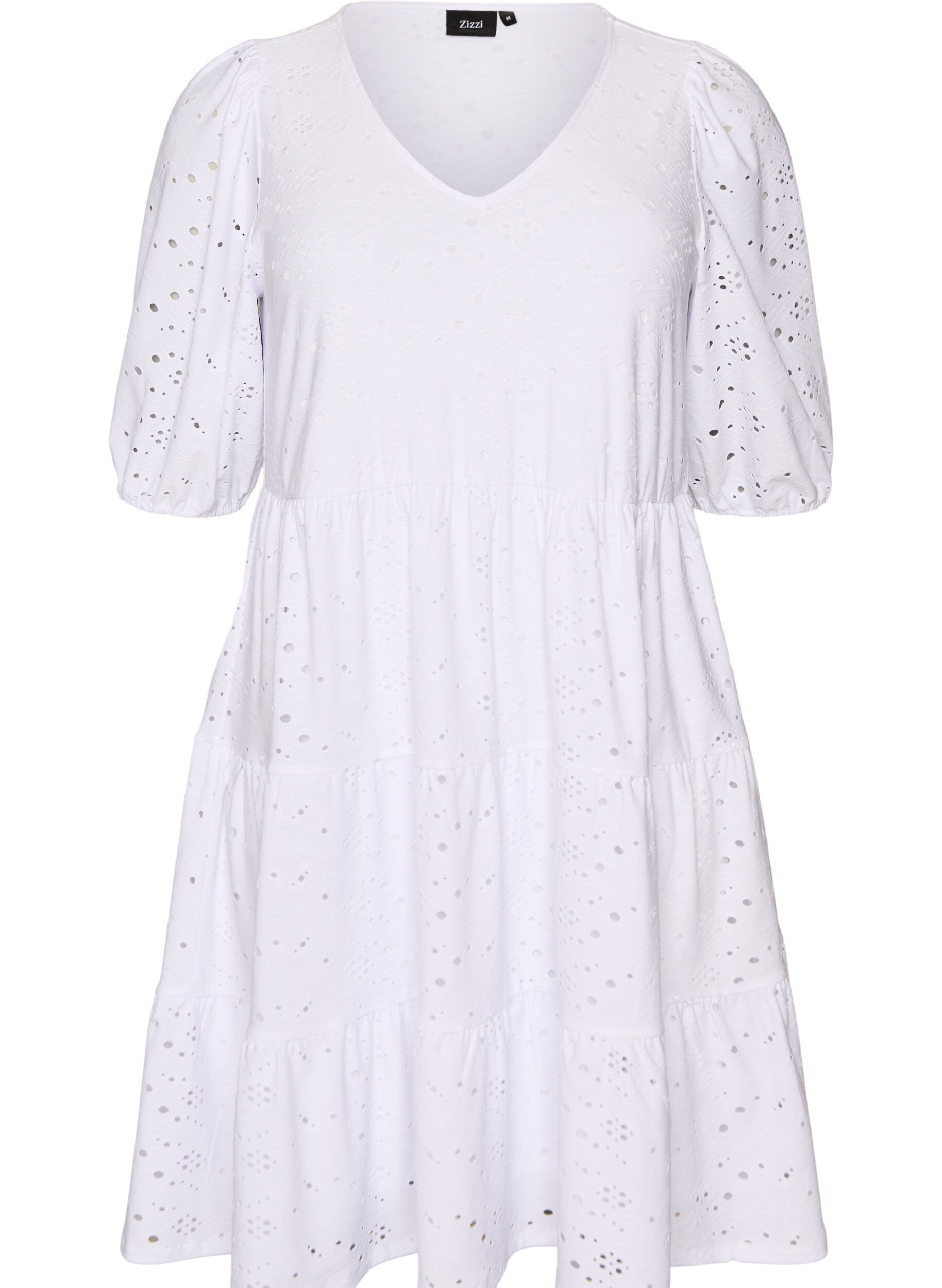 Zizzifashion Broderie anglaise dress with a V-neck and 1/2 sleeves, White, Packshot image number 0