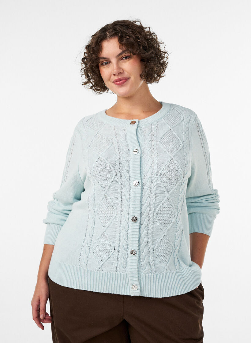 Cable-knit cardigan with decorative buttons, Light Blue, Model image number 0