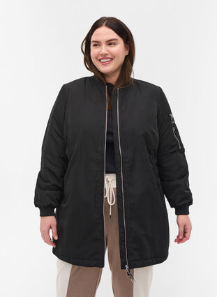 Long bomber jacket with pockets, Black, Model image number 0