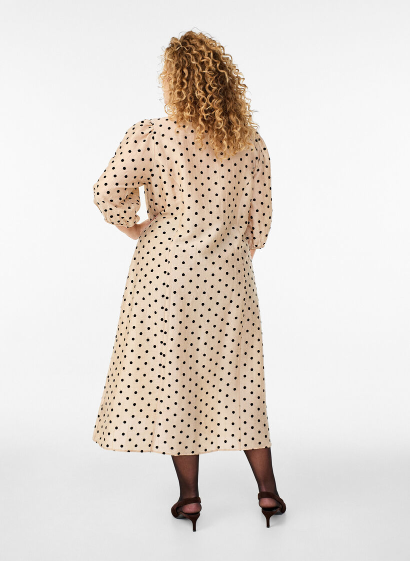 Midi shirt dress with polka dots and 3/4 sleeves, Beige, Model image number 1