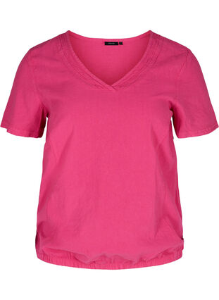 Short-sleeved cotton blouse with a v-neck, Fuchsia Purple, Packshot image number 0