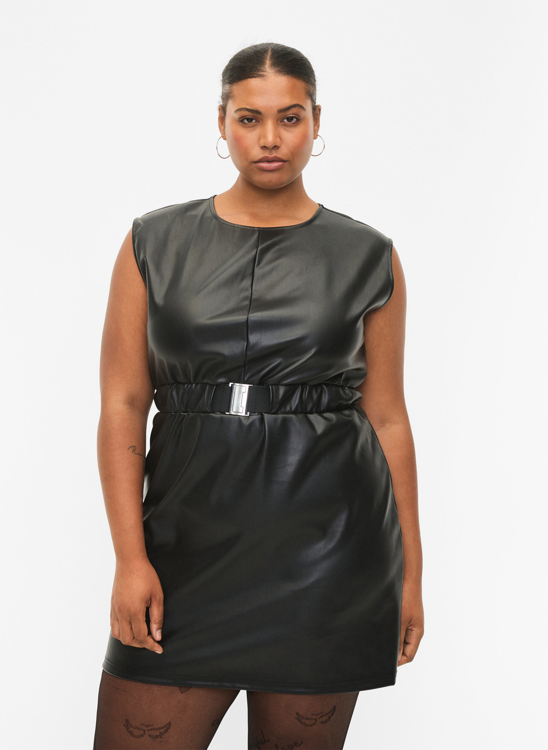 Zizzifashion Leather look short dress, Black, Model image number 0