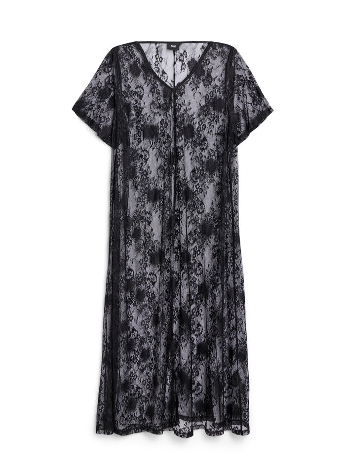 Midi-length lace dress with A-line shape, Black, Packshot image number 0