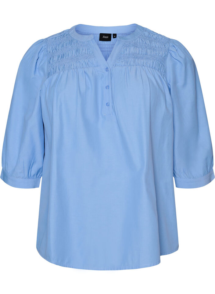 Blouse with smock and 3/4 sleeves, Blue, Packshot image number 0