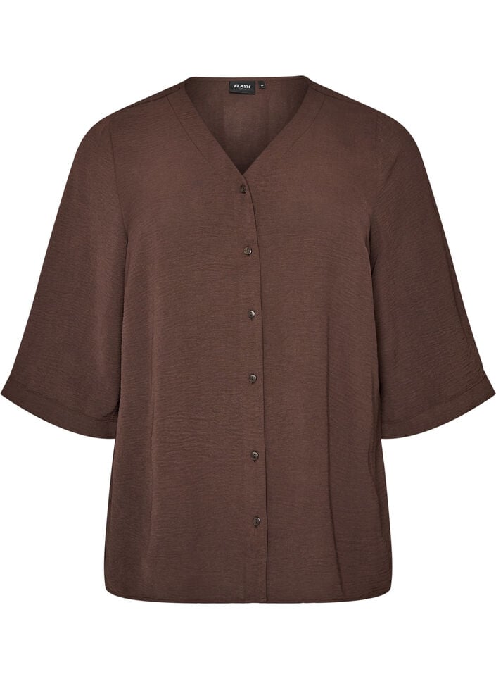 Shirt blouse with V-neck and 3/4 sleeves, Brown, Packshot image number 0