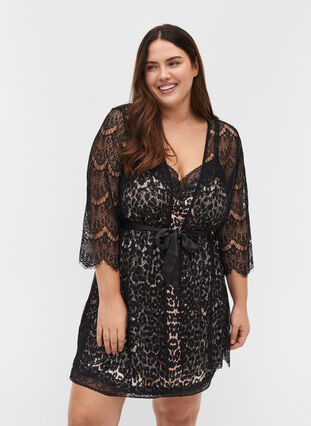 Lace dressing gown with 3/4-length sleeves, Black, Model image number 0