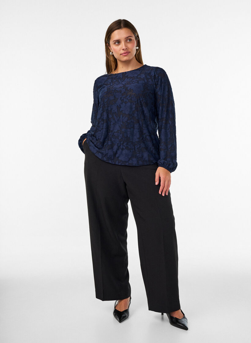 Sheer blouse with floral texture and long sleeves, Blue, Model image number 1