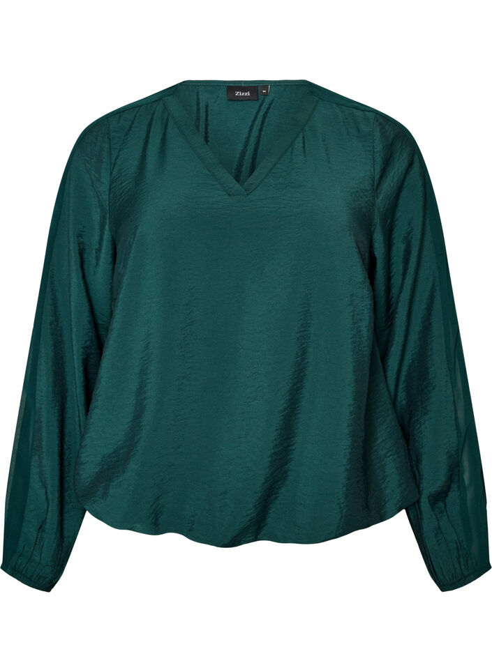 Blouse with balloon effect and chiffon details, Green, Packshot image number 0