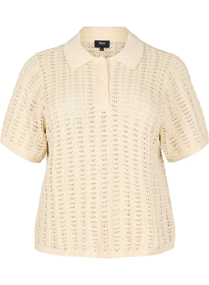 Knitted polo shirt with eyelet pattern, Beige, Packshot image number 0