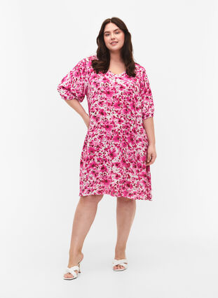 Floral viscose dress with a-shape, Pink Flower Rain, Model image number 2