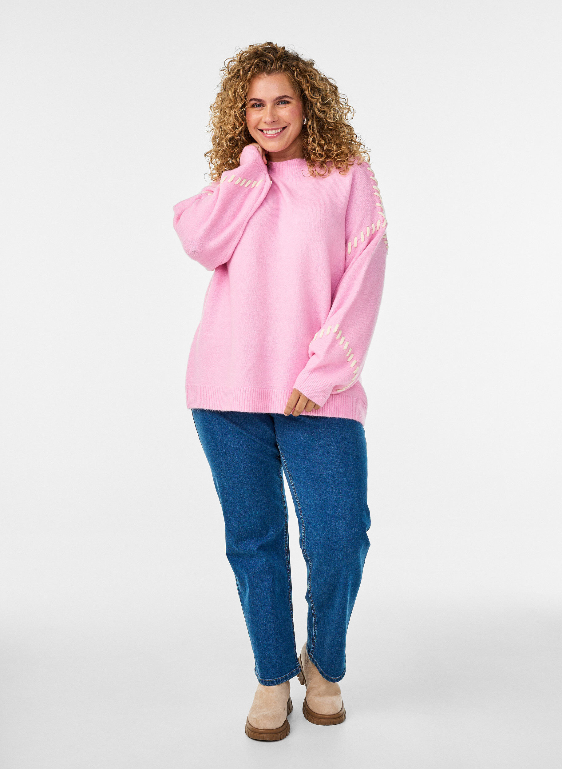 Zizzifashion Jumper with decorative stitching, Pink, Model image number 1