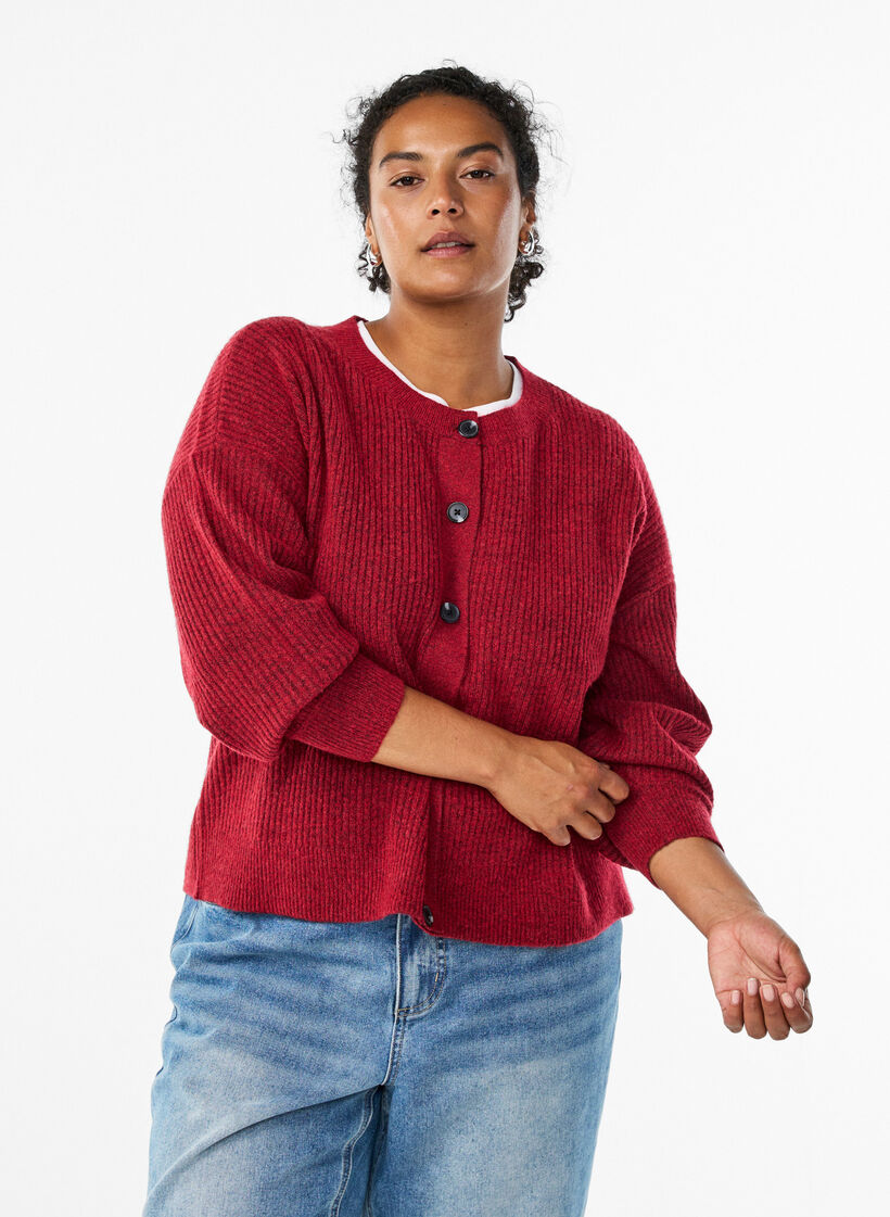 Rib knit cardigan with buttons, Red, Model image number 0