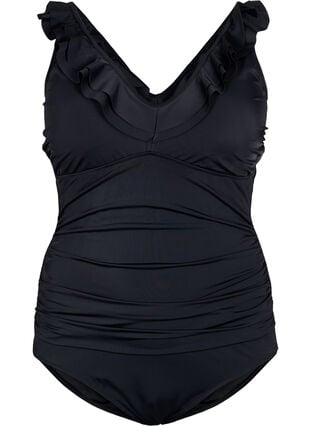 Swimsuit with ruffles and removable inserts, Black, Packshot image number 0